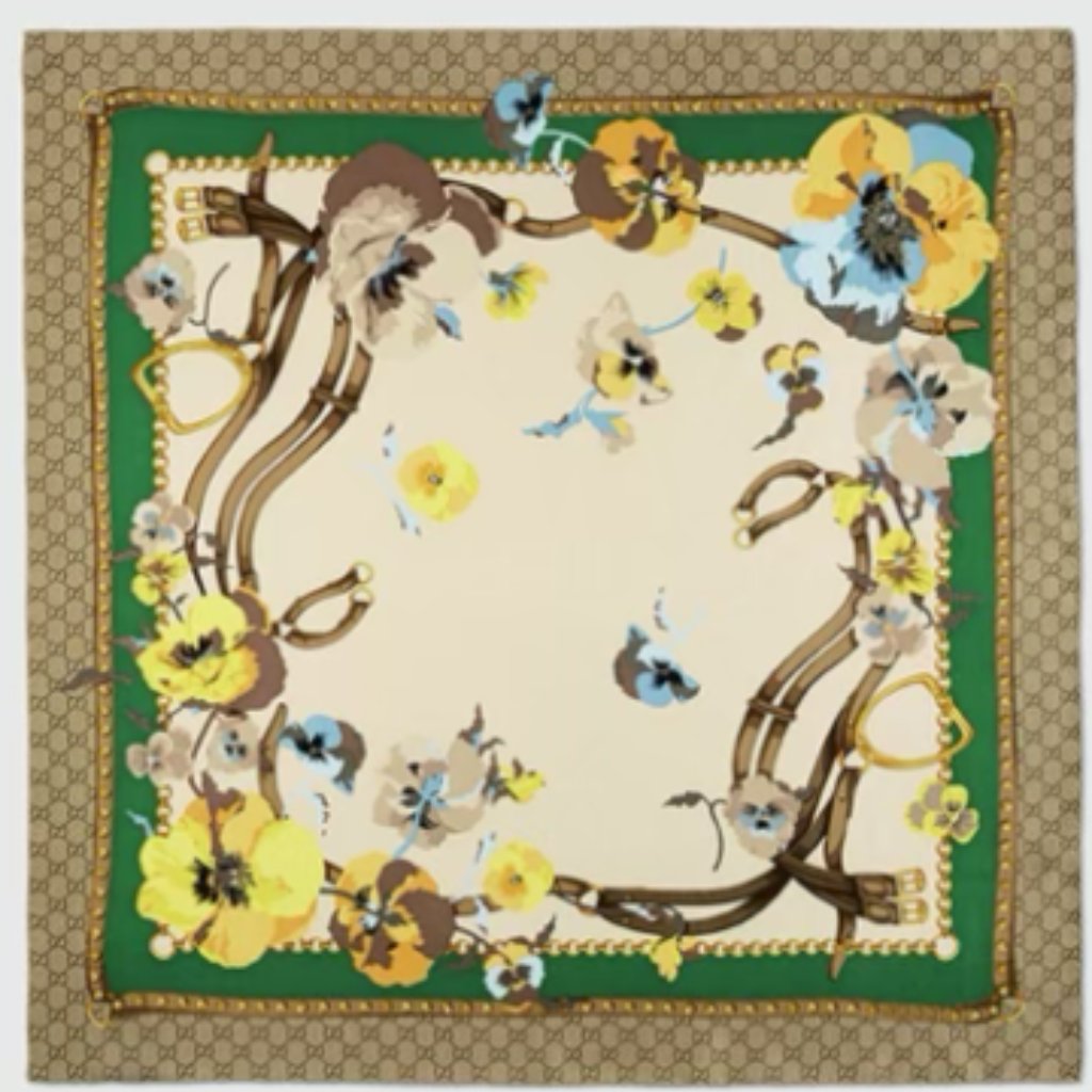 Gucci Gg Silk Scarf With Yellow Flowers And Green Border